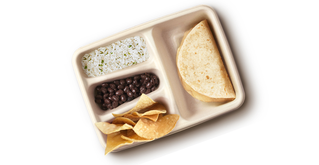 A photo of Chipotle's Kids meal featuring a quesadilla 